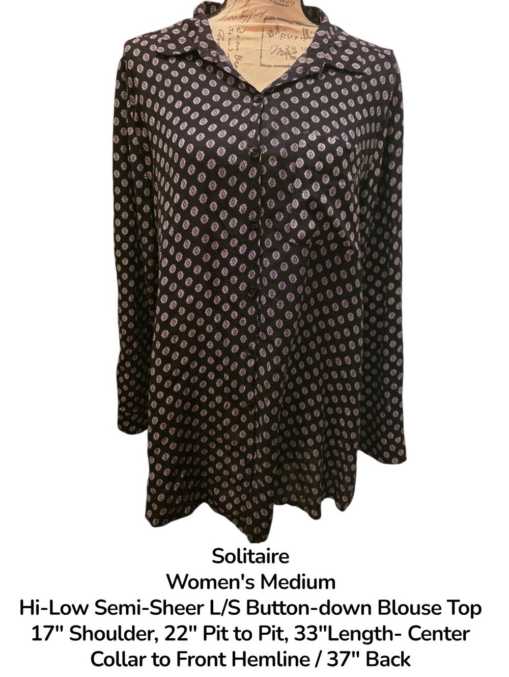 Solitaire Black Long-Sleeve Button-Up Blouse with White Geometric Dots.